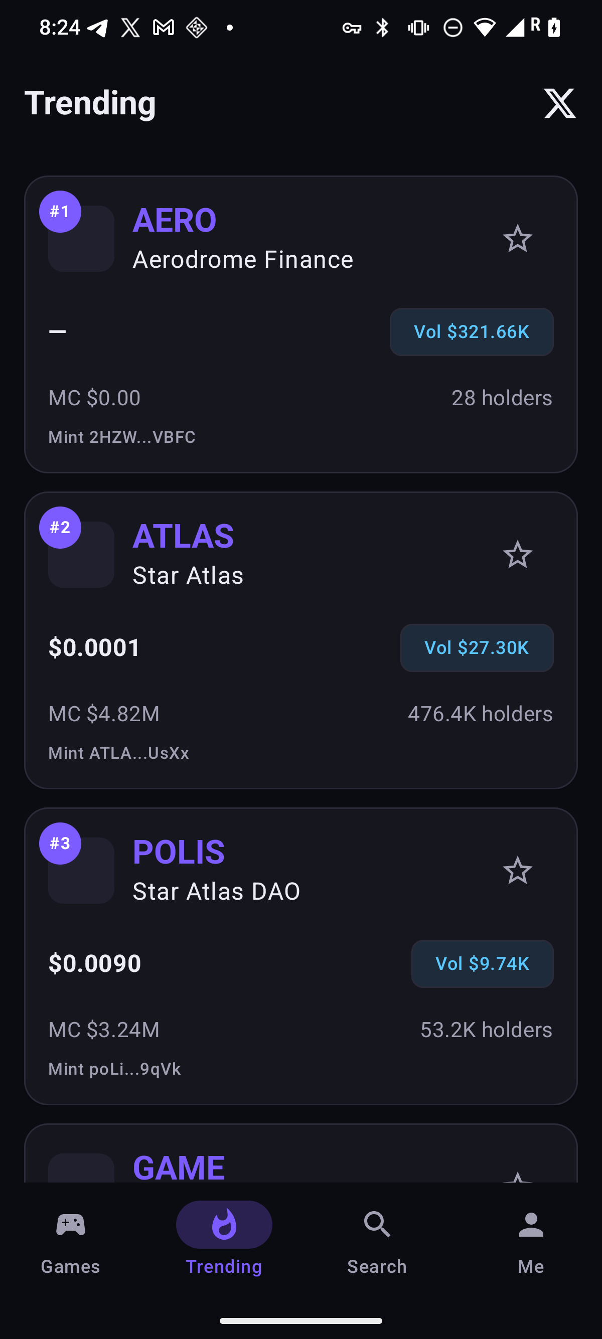 Trending — gaming tokens ranked by 24h activity
