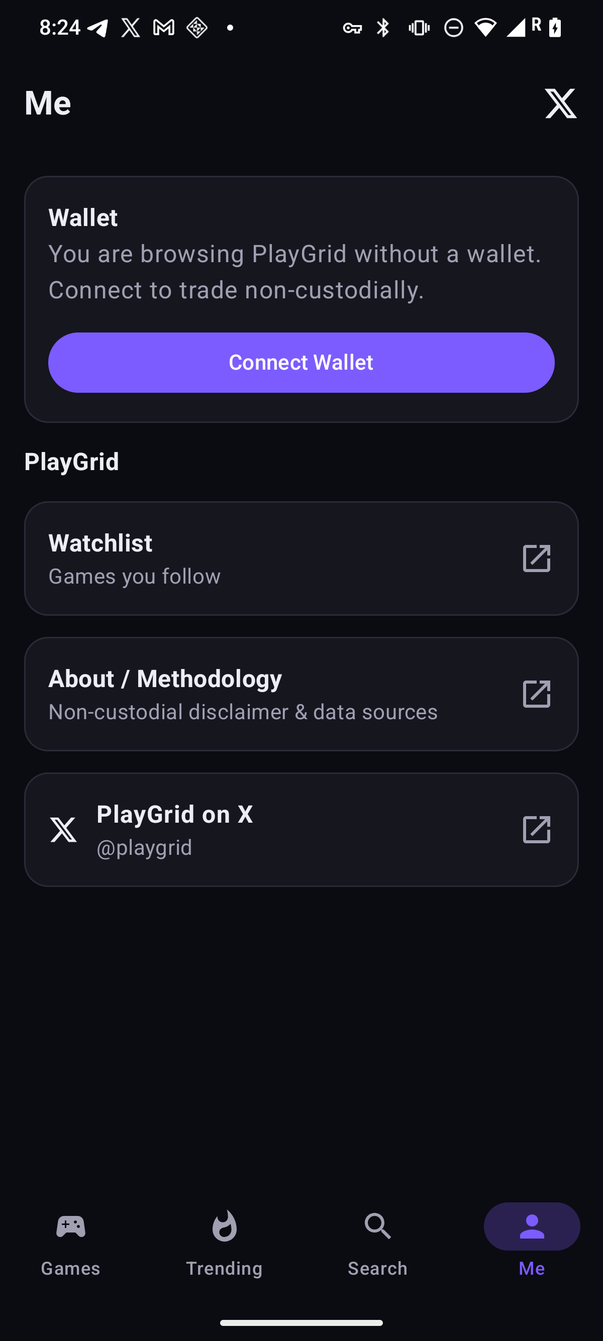 Me — wallet state, watchlist and about