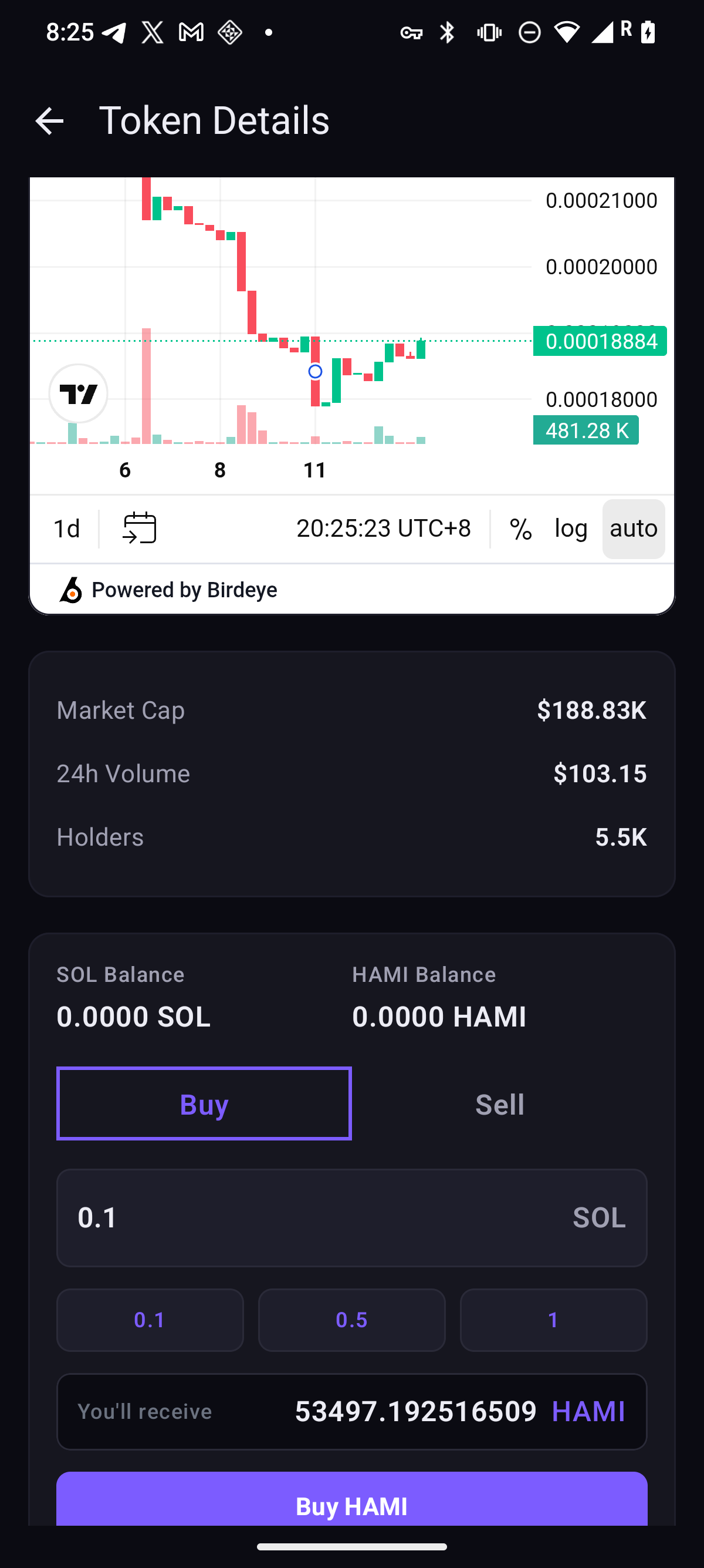 Token detail — Buy/Sell trade panel with Jupiter quote